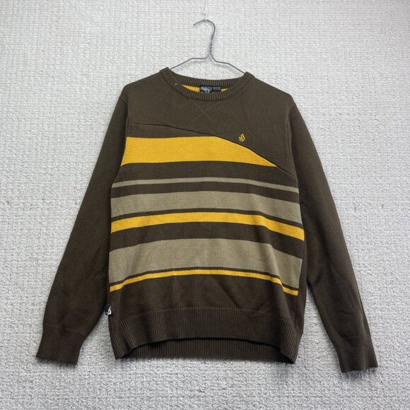 Y2K Volcom Mens M Brown / Yellow Long Sleeve Stripe Thermal Shirt Sweater Knit - Picture 1 of 14